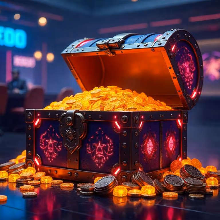 Το σεντούκι θησαυρού Caspero Casino ξεχειλίζει από χρυσά νομίσματα και λαμπερούς πολύτιμους λίθους, που αντιπροσωπεύουν τις τελικές ανταμοιβές.